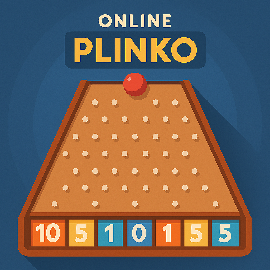 Illustration eines Online-Plinko-Spiels mit farbigen Feldern und fallender Scheibe.