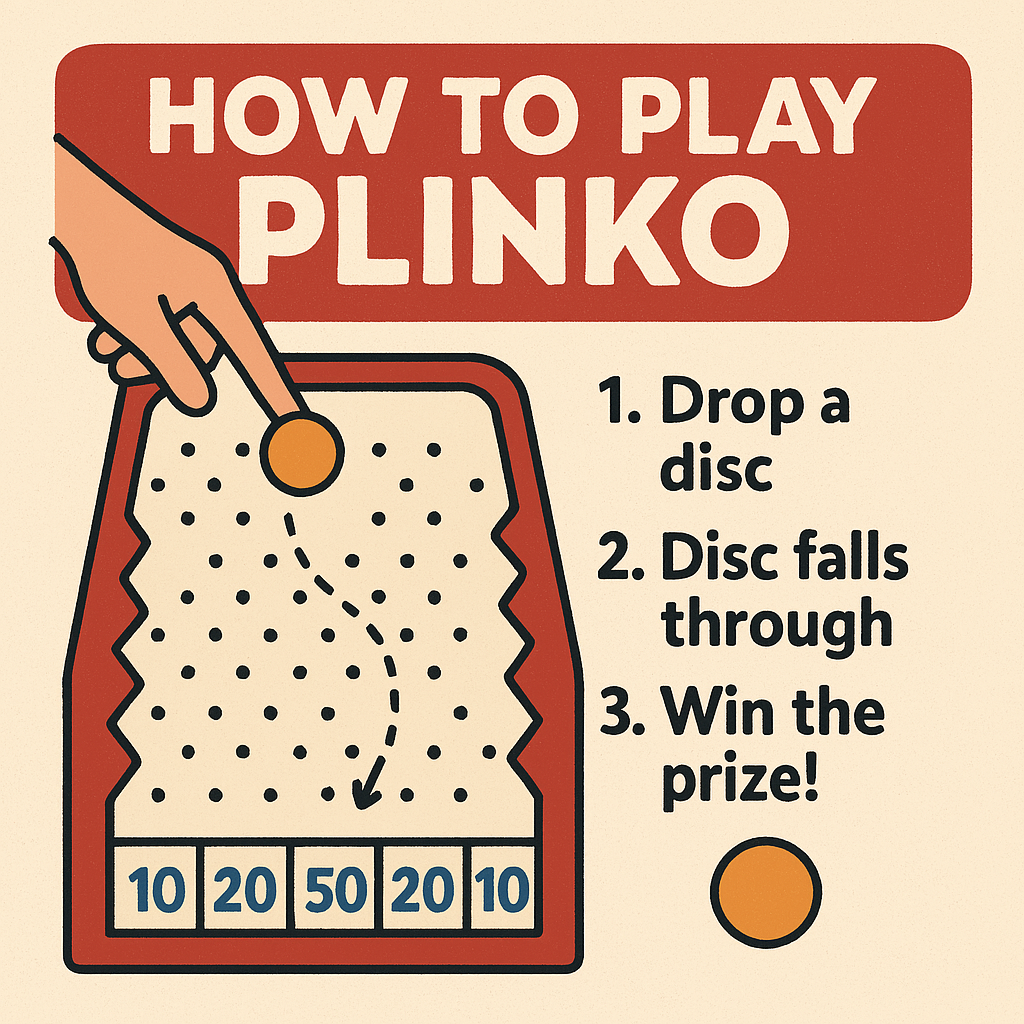Grafik erklärt Plinko: Scheibe einwerfen, zufällig fallen lassen und einen Preis gewinnen.