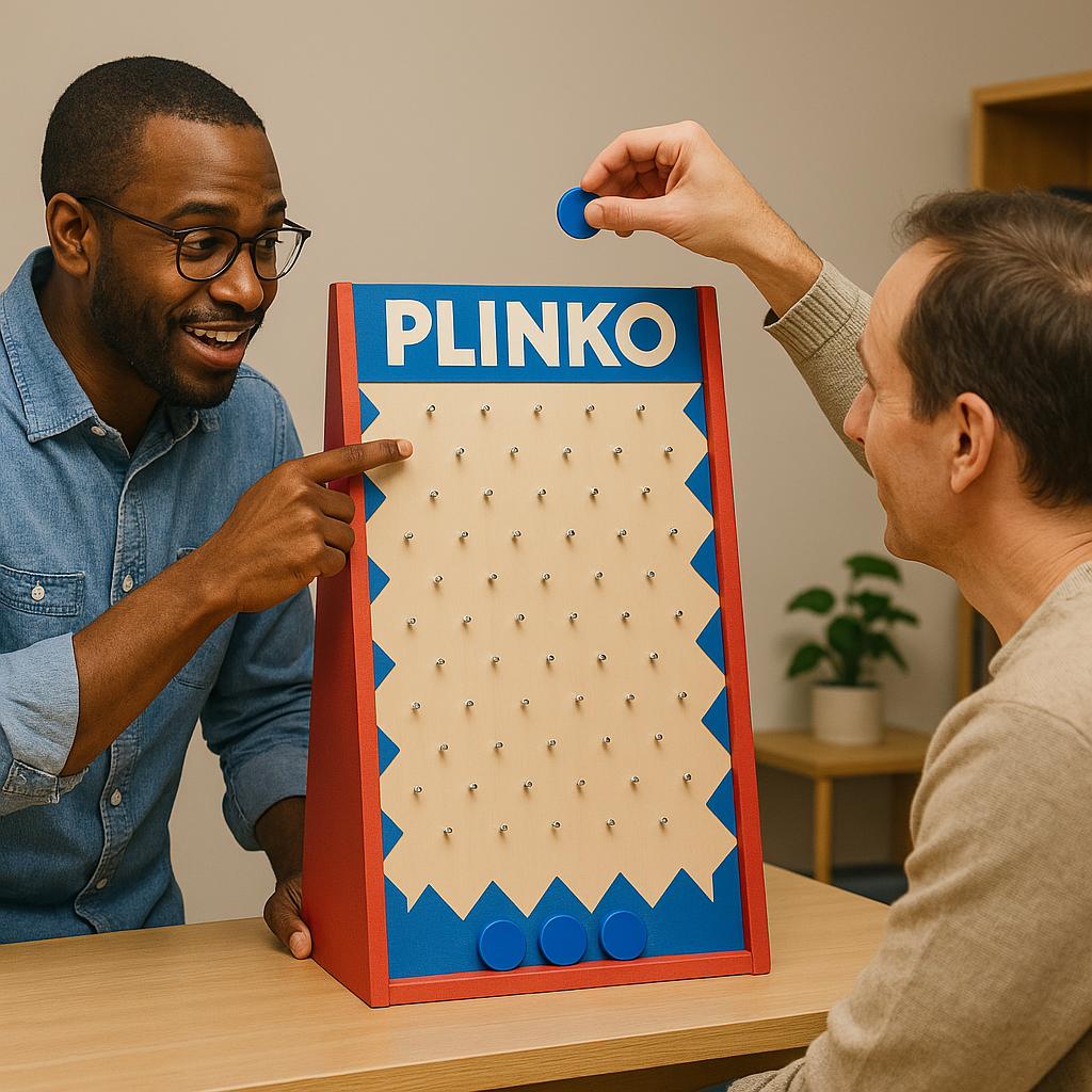 Dos hombres adultos jugando con entusiasmo a un juego de Plinko clásico, con tablero vertical y fichas azules, en una mesa de madera.