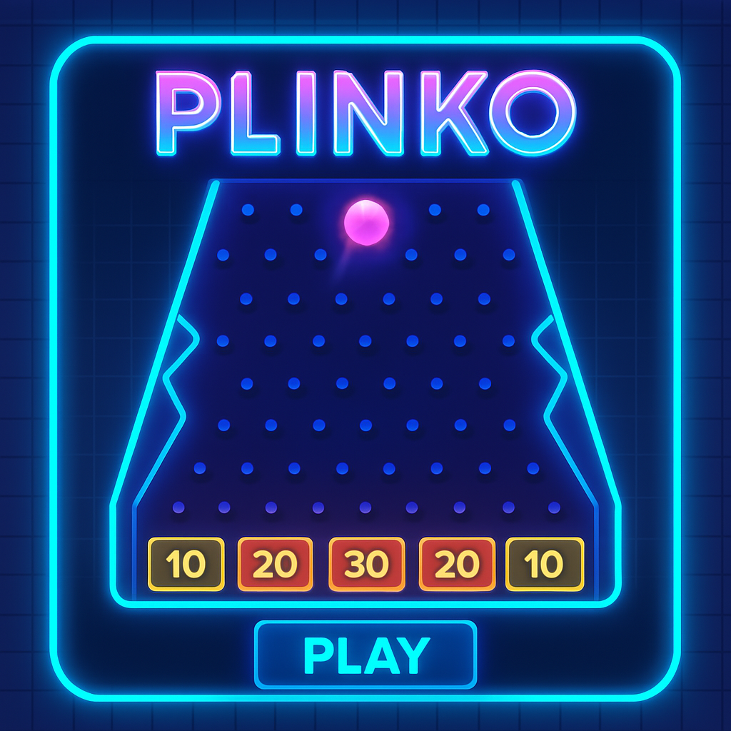 Leuchtende Neon-Grafik eines digitalen Plinko-Spiels mit Spielscheibe und farbigen Gewinnfeldern.