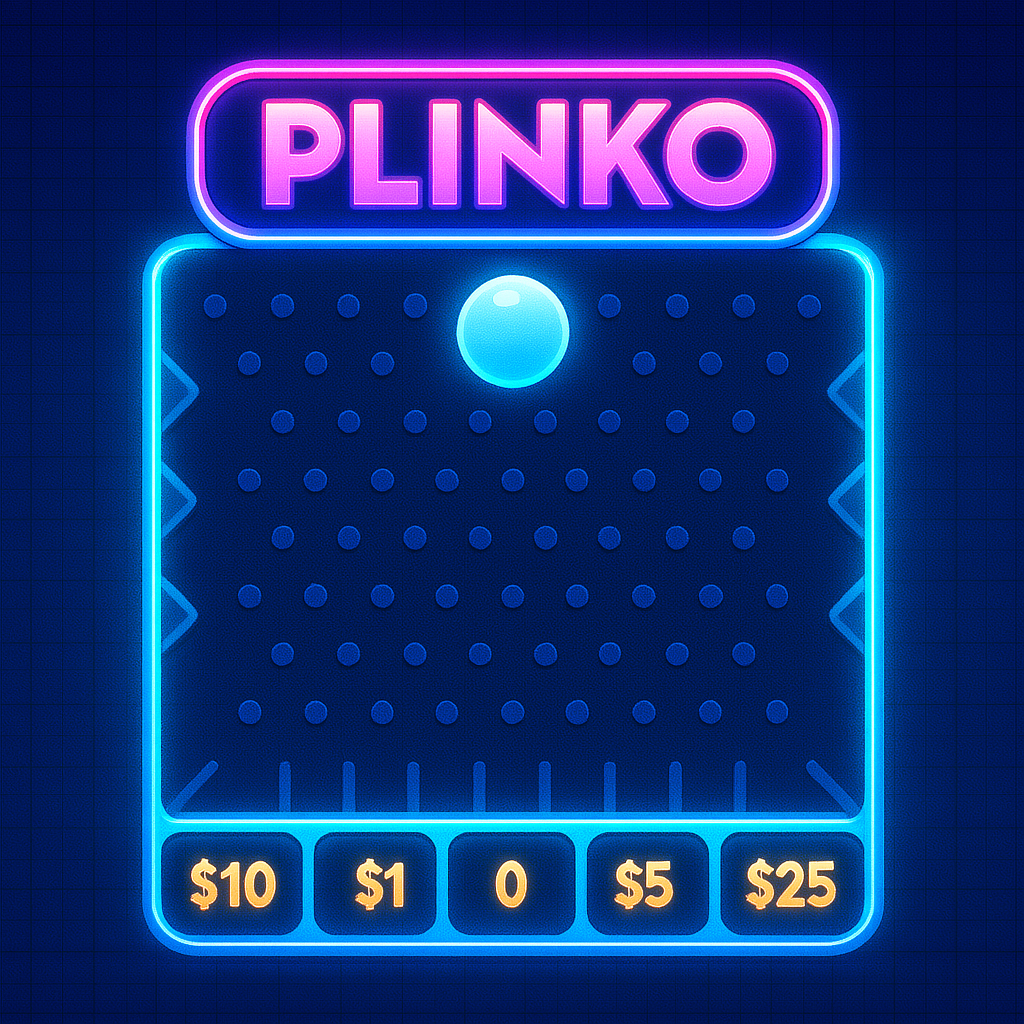 Digitale Neon-Plinko-Grafik mit einer blauen Scheibe und verschiedenen Gewinnbeträgen.