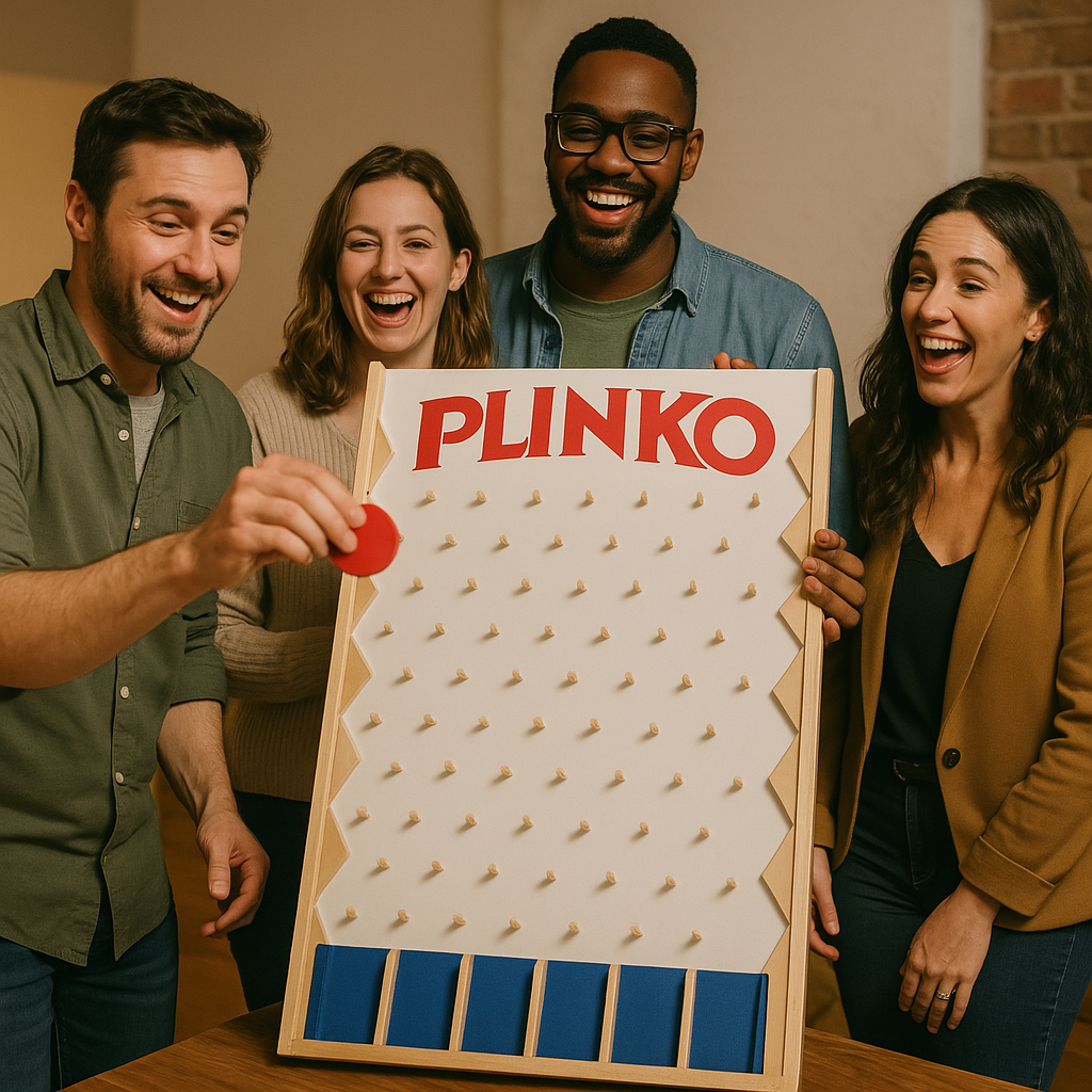 Vier Erwachsene lachen und spielen gemeinsam Plinko mit einer roten Scheibe und Spielbrett.