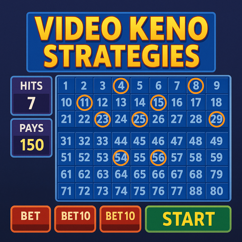Video Keno-Strategie mit 7 markierten Zahlen und Auszahlung von 150 auf digitalem Spielfeld.