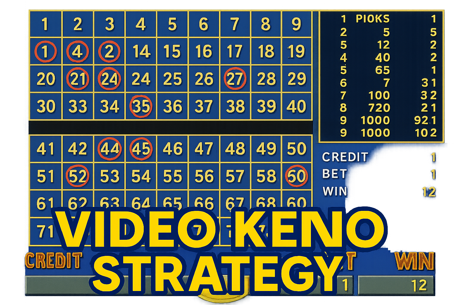 Video Keno board with circled picks, payout table, and bold strategy title.