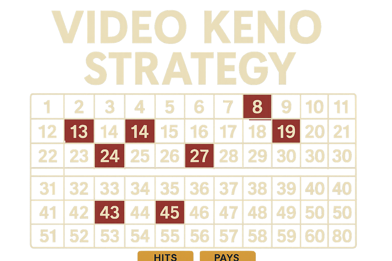 Video Keno strategy board with red highlighted numbers and beige background.