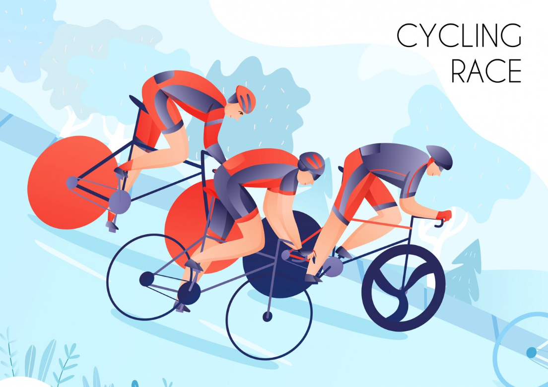 Group of bicyclists in bright sports wear during cycling race on nature