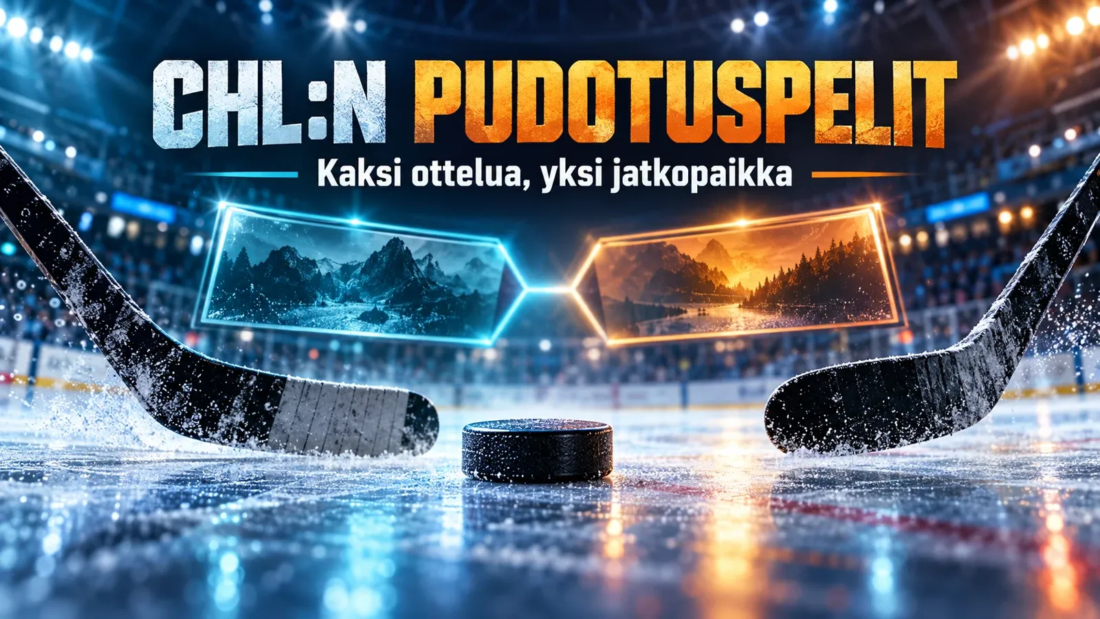 CHL:n pudotuspelien kuvitus: kaksi mailaa ja toisiinsa yhdistyvät tulospaneelit.
