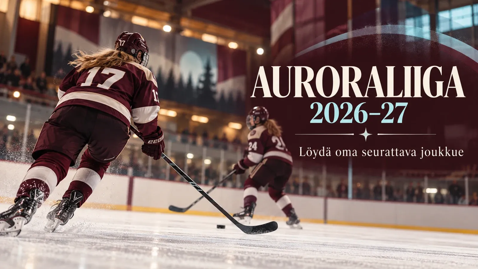 Auroraliigan toimituksellinen kuvitus kahdesta jääkiekkoilijasta ja otsikosta Löydä oma seurattava joukkue.