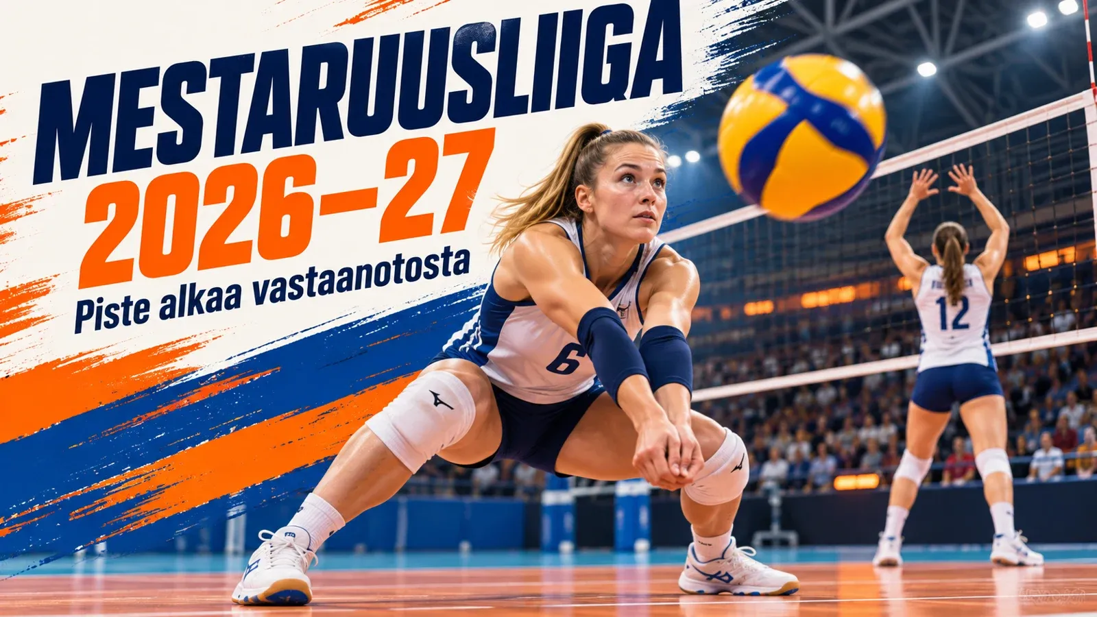 Lentopallon vastaanottaja, pallo ja verkko Mestaruusliigan kauden 2026–27 kuvituksessa.