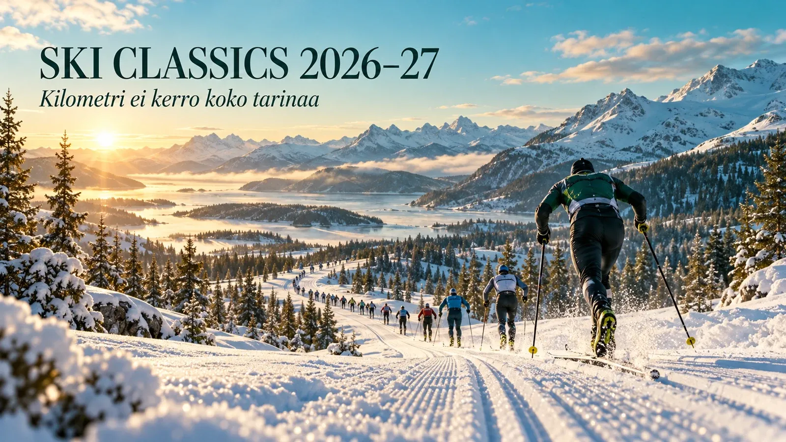 Pitkän matkan hiihtäjiä vuoristomaisemassa Ski Classicsin kauden 2026–27 kuvituksessa.