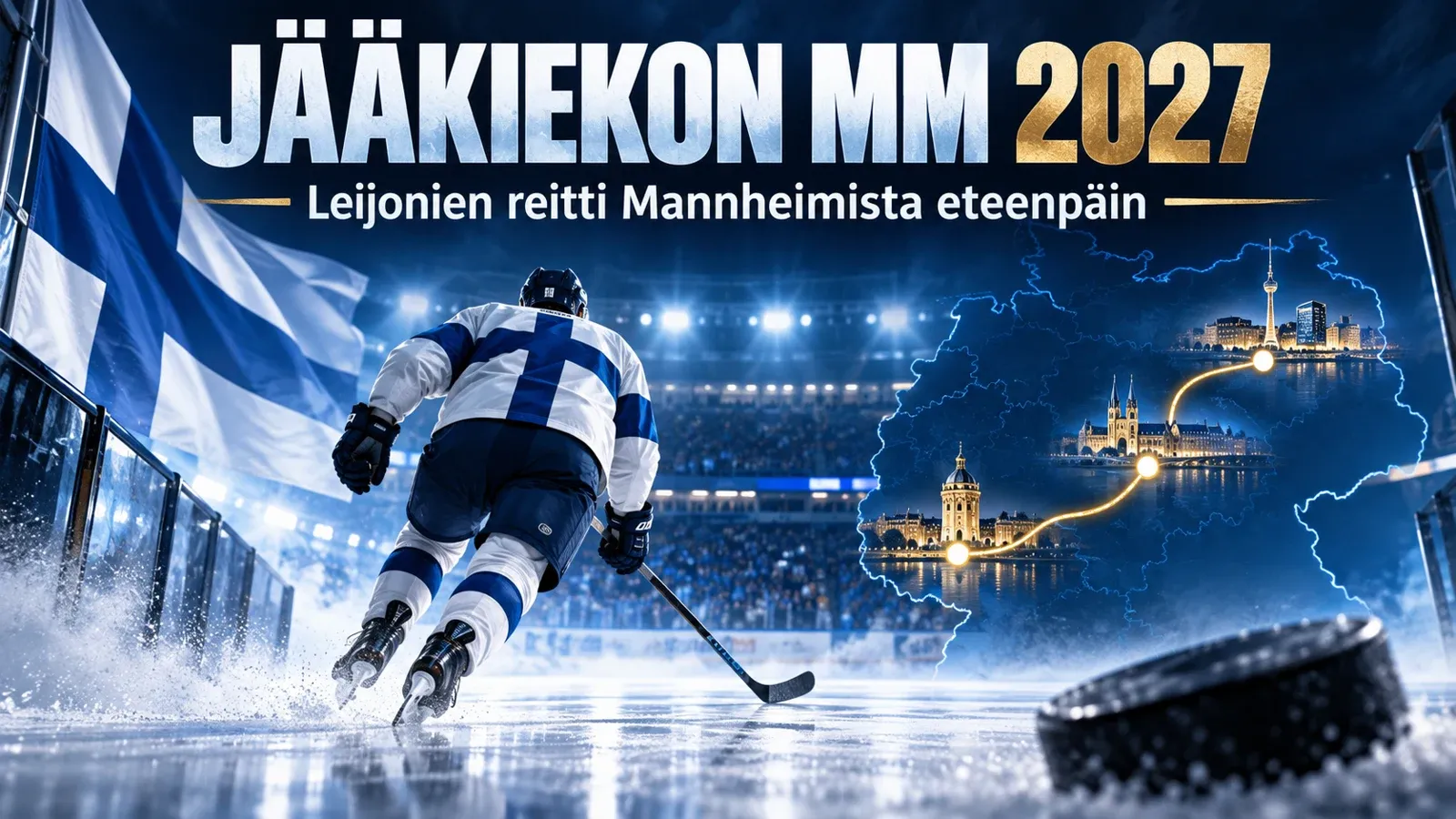 Suomalaisväritteinen jääkiekkoilija ja karttamainen kuvitus miesten vuoden 2027 MM-kisoista.