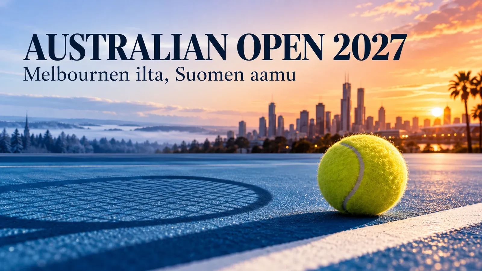 Tennispallo sinisellä kentällä ja kuvitus Melbournen illan sekä Suomen aamun aikaerosta.