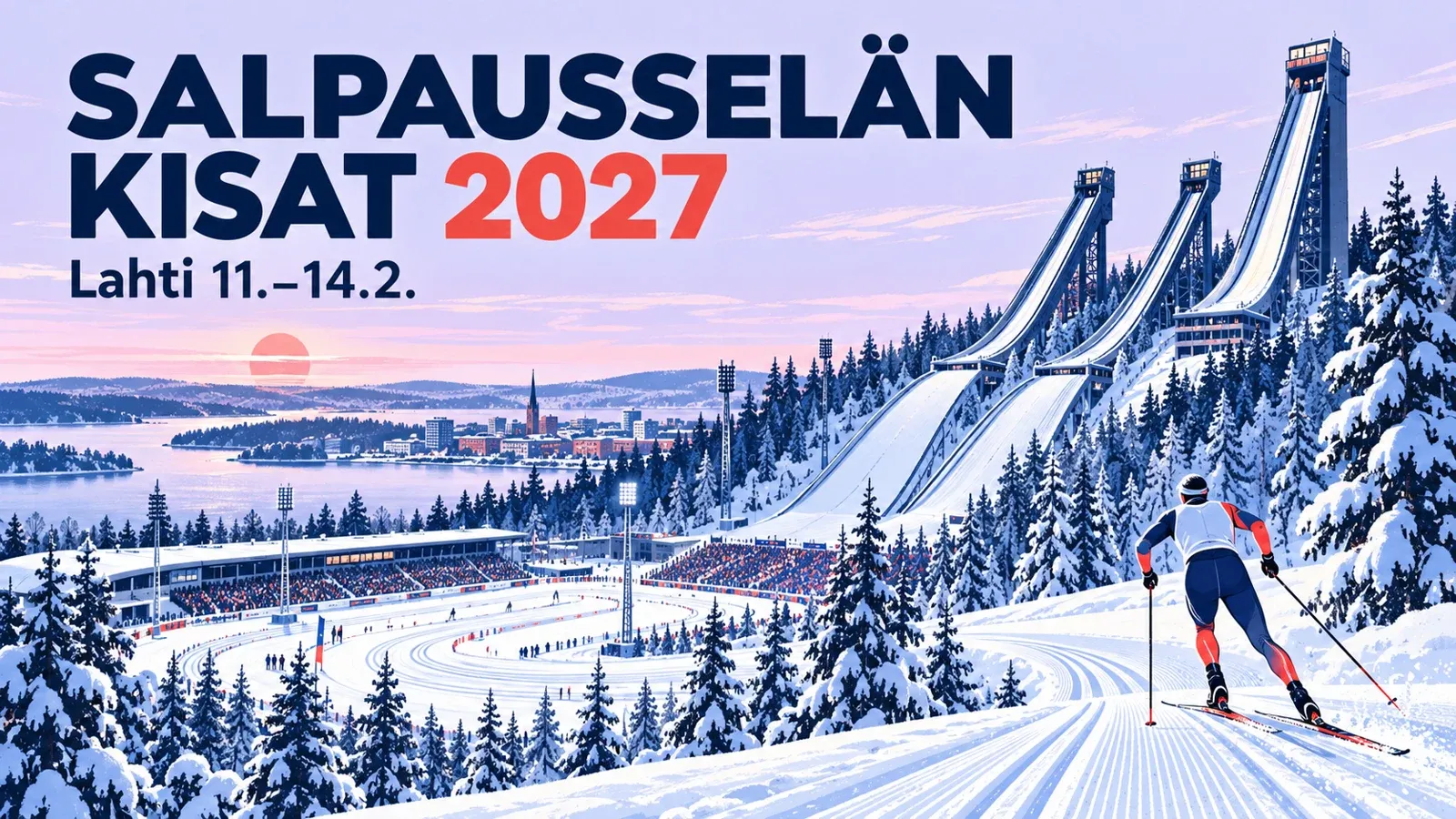 Salpausselän kisojen vuoden 2027 kuvitus: mäkihyppytornit, hiihtostadion ja talvinen maisema.