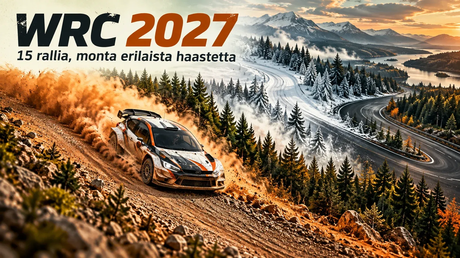 Ralliauto soratiellä sekä talvi- ja asfalttitie-elementtejä WRC:n vuoden 2027 kalenterikuvituksessa.