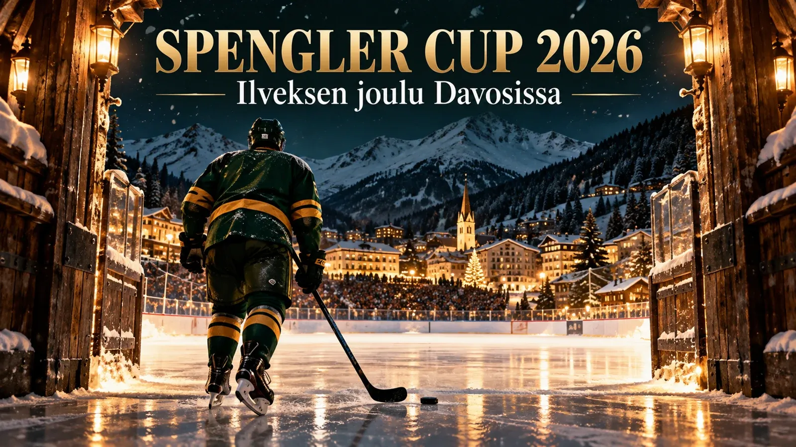 Vihreäkultaisessa asussa oleva jääkiekkoilija alppimaisemaa vasten Spengler Cupin toimituksellisessa kuvituksessa.