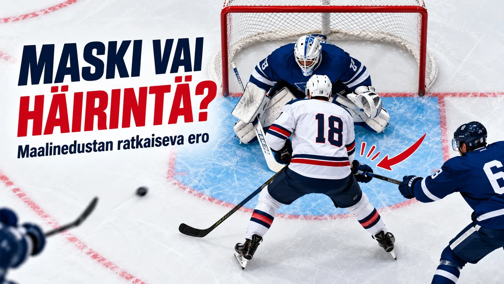 Maalivahdin, maskipelaajan ja puolustajan sijainnit maalinedustan tilanteen havainnollistavassa kuvituksessa.