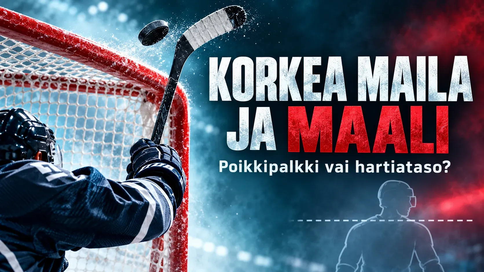 Kiekko ja maila lähellä maalin poikkipalkkia korkean mailan korkeustestiä kuvaavassa kuvituksessa.