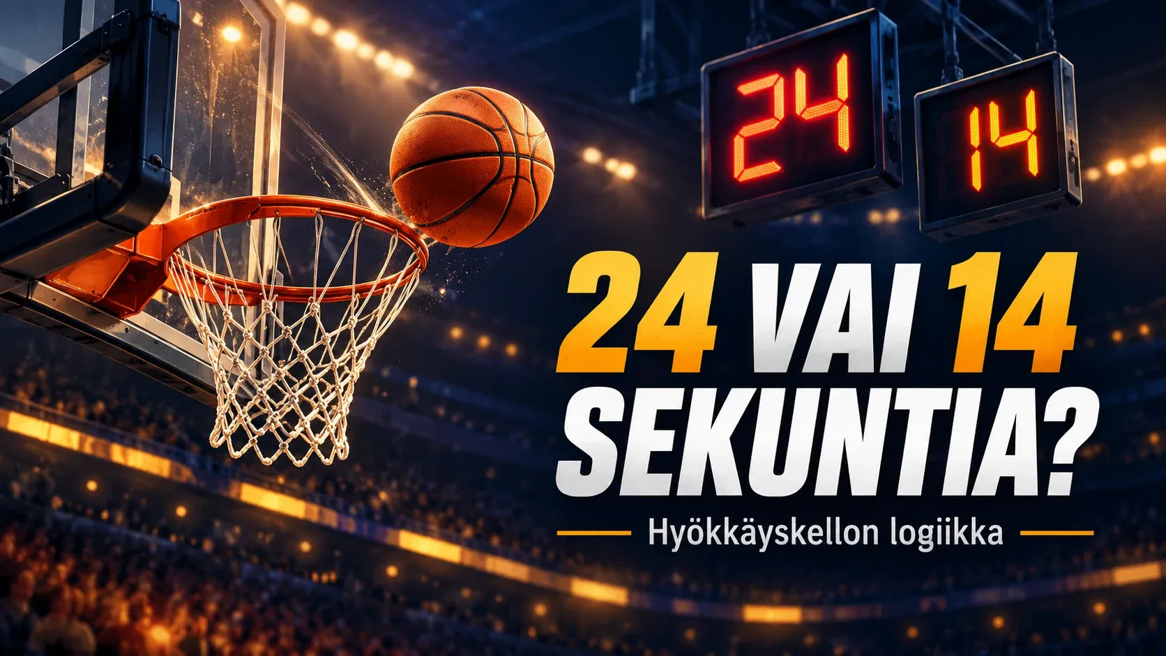 Koripallo korirenkaan lähellä sekä hyökkäyskellon luvut 24 ja 14 toimituksellisessa kuvituksessa.