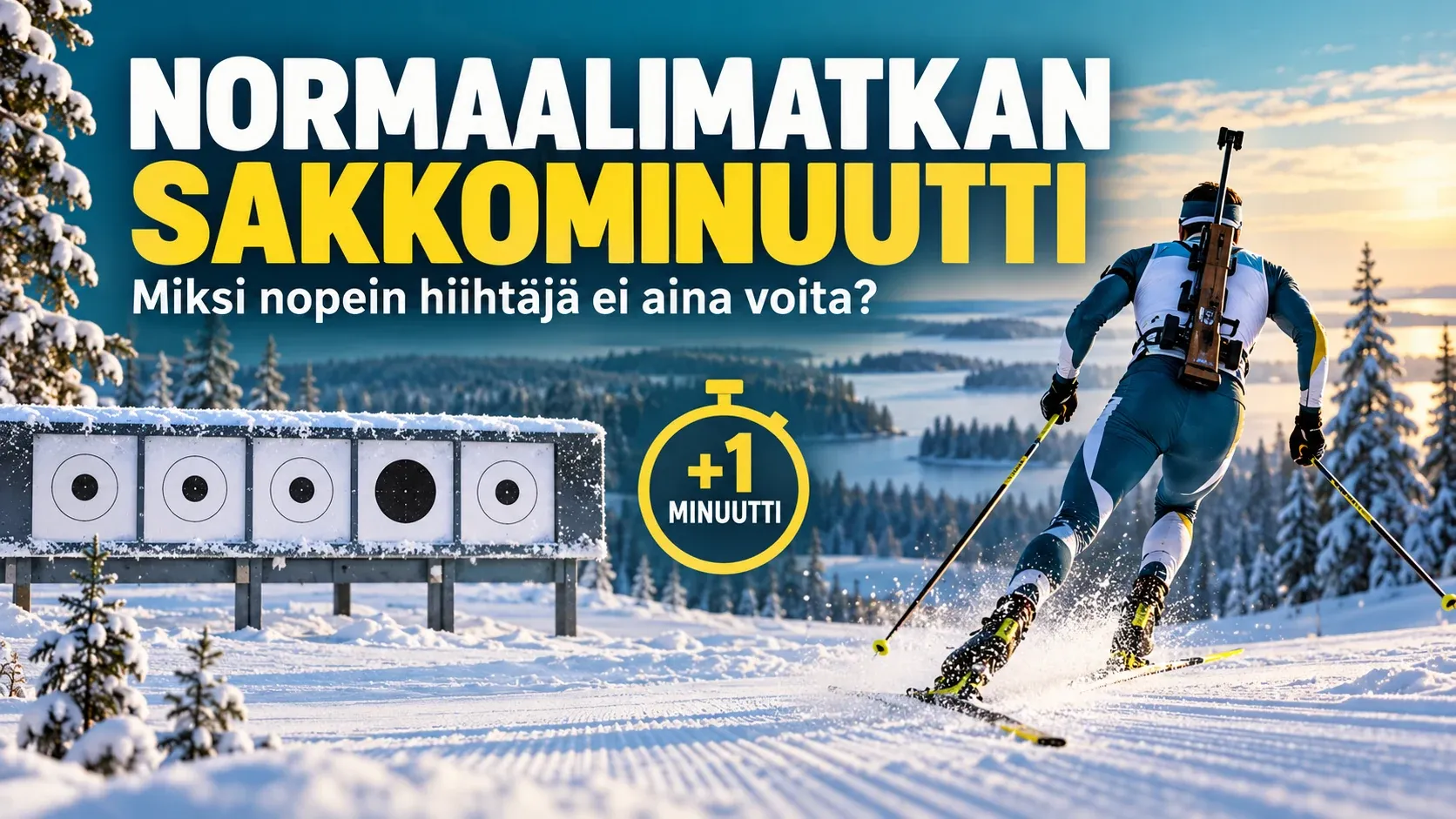 Ampumahiihtäjä, tauluja ja yhden sakkominuutin merkki talvisessa normaalimatkan kuvituksessa.