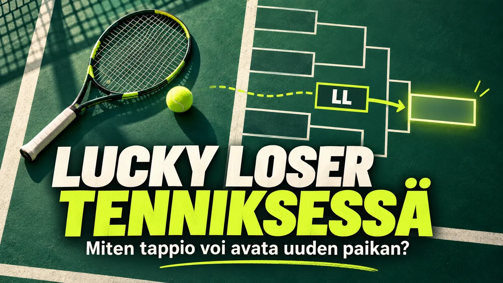 Tennismaila, pallo ja LL-merkinnästä avoimeen kaaviopaikkaan johtava nuoli havainnollistavassa kuvituksessa.