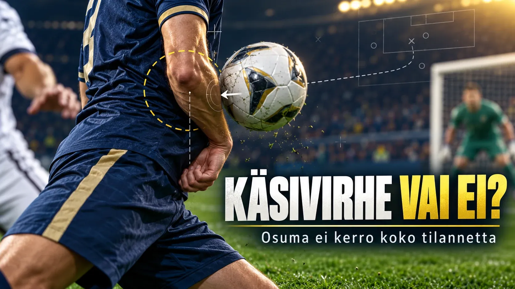 Jalkapallo lähellä puolustajan käsivartta käsivirheen arviointia kuvaavassa toimituksellisessa kuvituksessa.