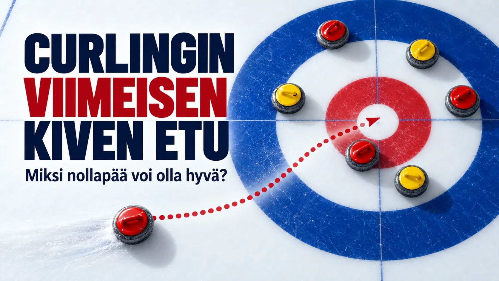 Punaisia ja keltaisia curlingkiviä pesässä sekä viimeisen kiven reittiä kuvaava nuoli.