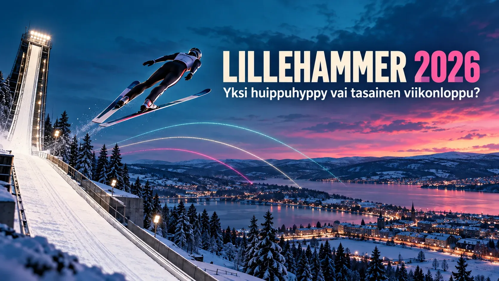 Mäkihyppääjä Lillehammerin avausviikonloppua kuvaavassa talvisessa kuvituksessa.
