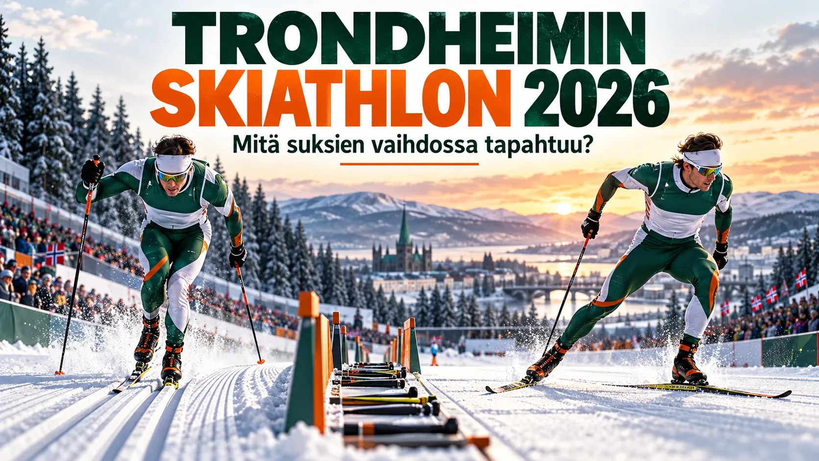 Hiihtäjän suksien vaihtoa ja kahta hiihtotapaa havainnollistava kuvitus.