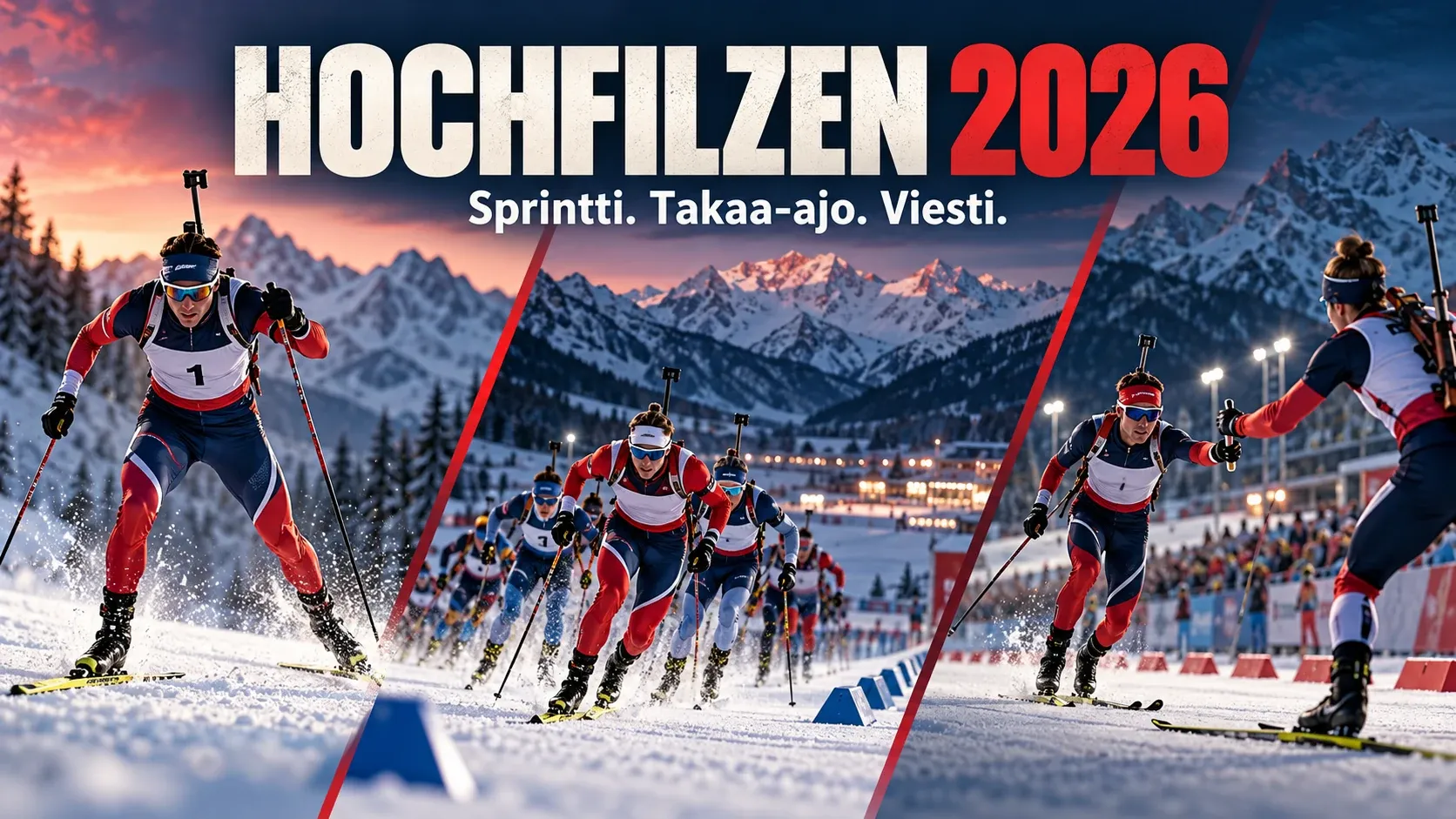 Pikakilpailua, takaa-ajoa ja viestiä kuvaava Hochfilzenin ampumahiihtokuvitus.