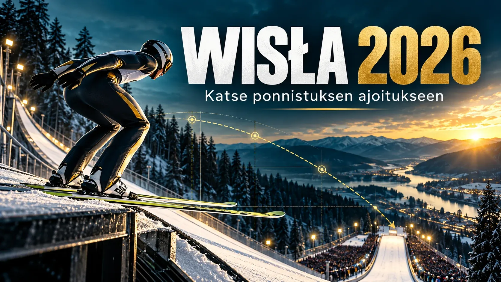 Mäkihyppääjän ponnistuksen ajoitusta kuvaava Wisłan kilpailukuvitus.