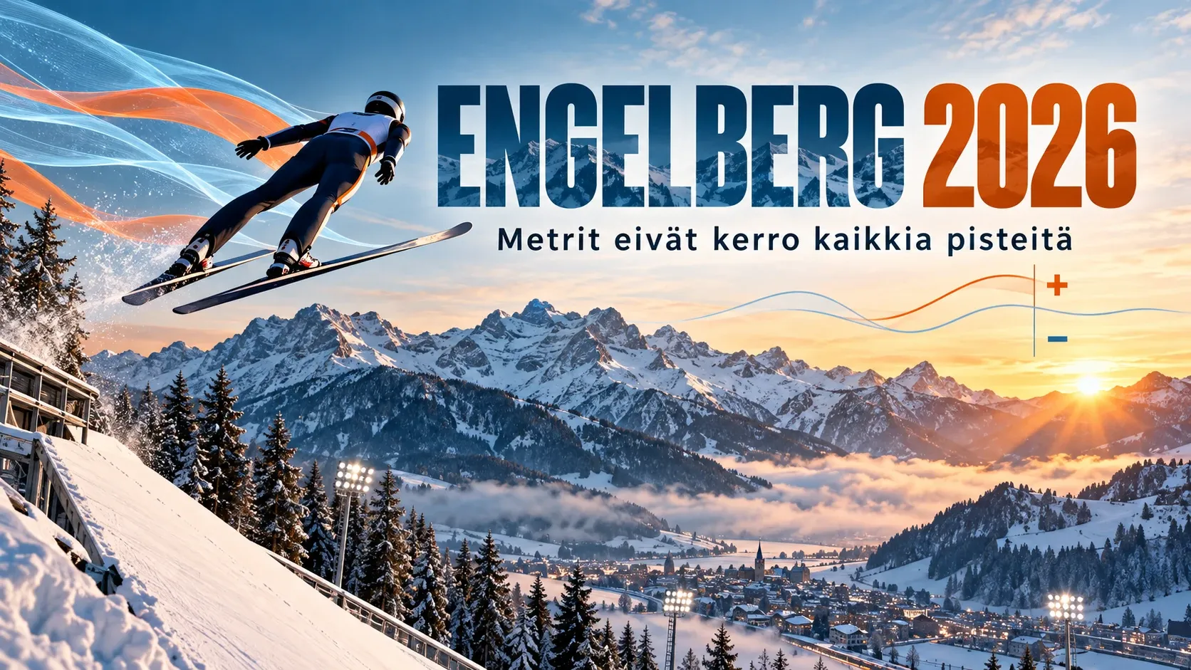 Mäkihyppyä ja vaihtelevaa tuulta kuvaava Engelbergin talvinen kuvitus.