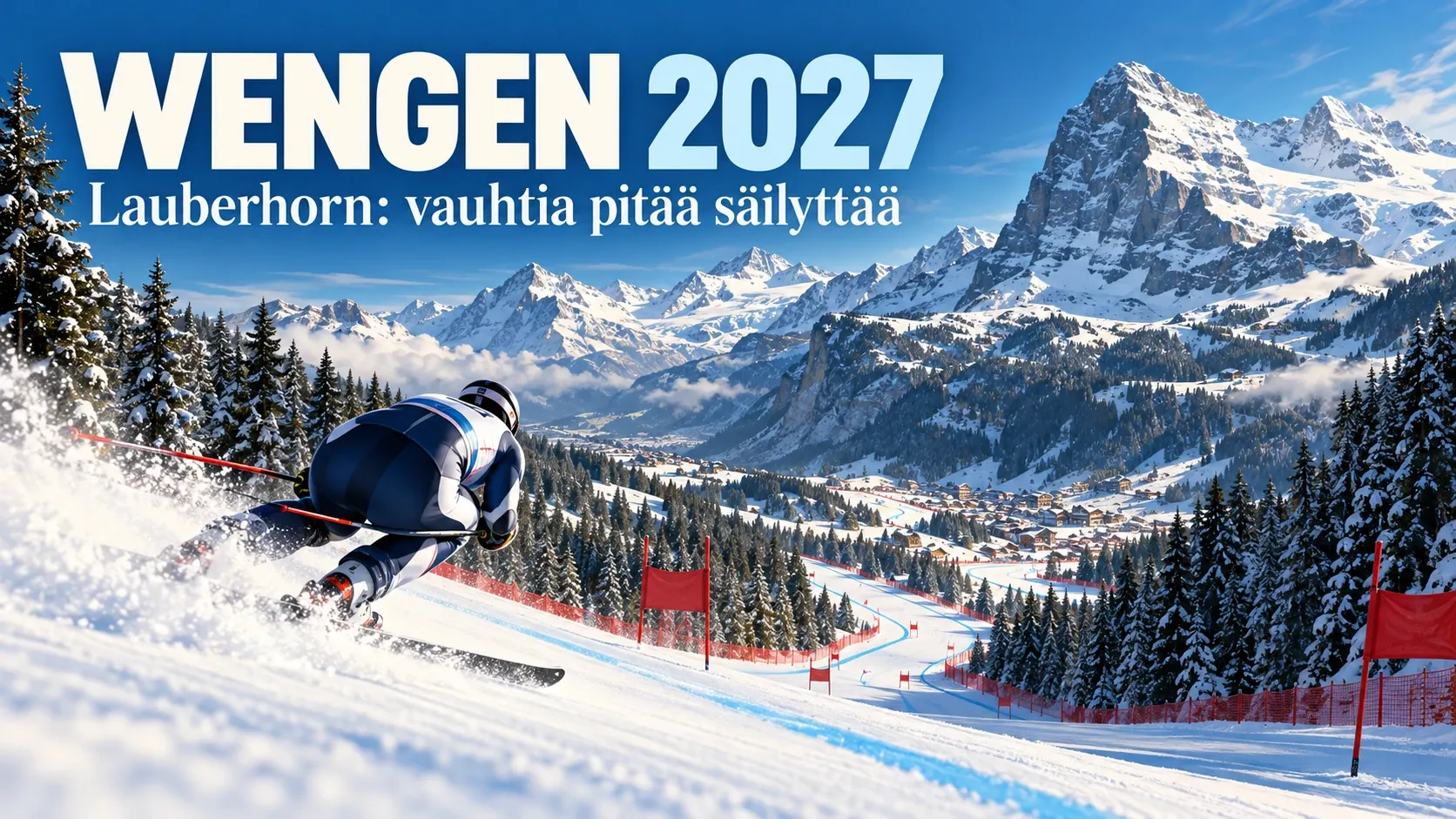 Syöksylaskija ja pitkä alppirata Wengenin Lauberhornia kuvaavassa kuvituksessa.
