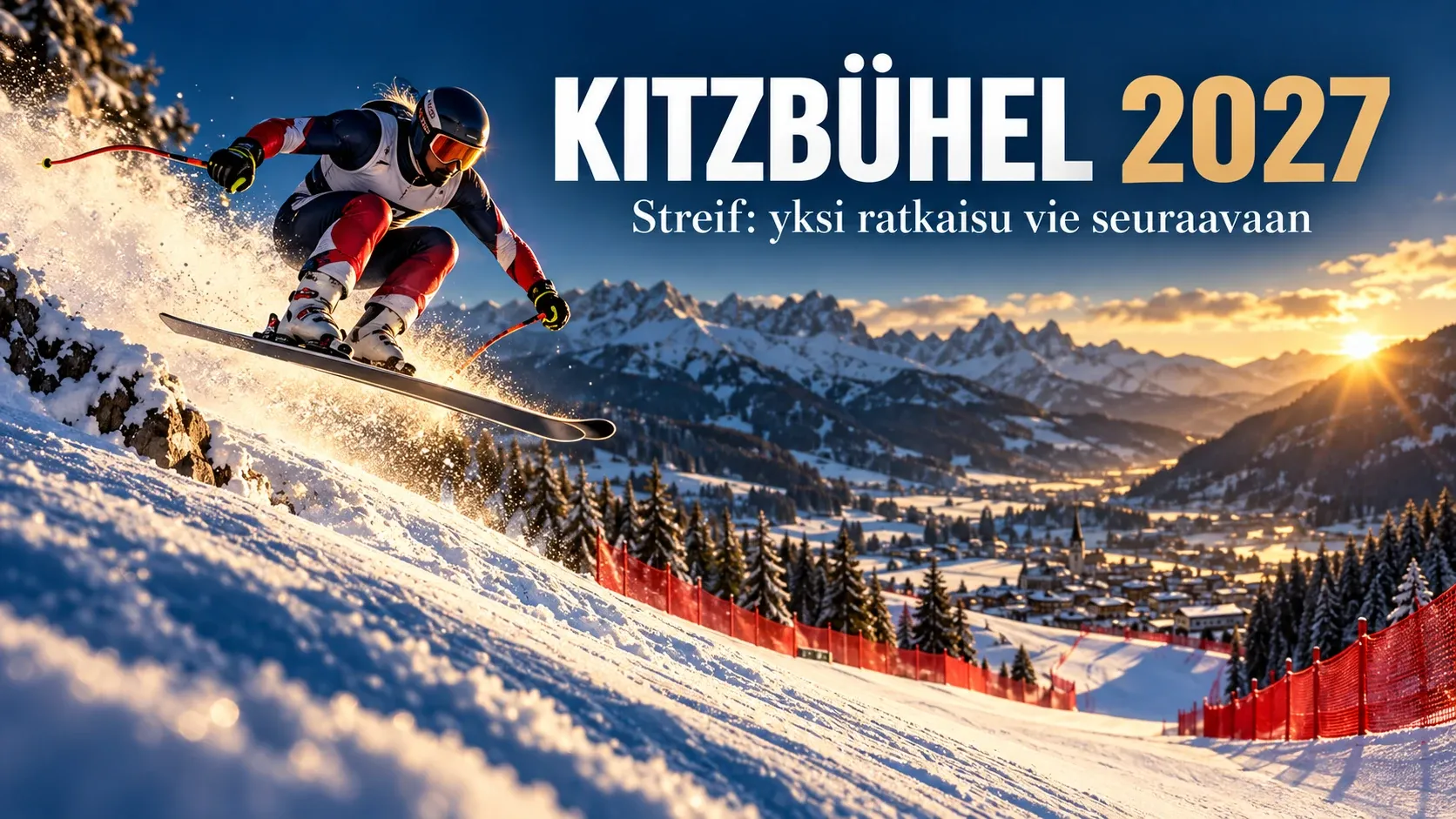 Syöksylaskijan alastulo ja seuraava rinne Kitzbühelin Streifiä kuvaavassa kuvituksessa.