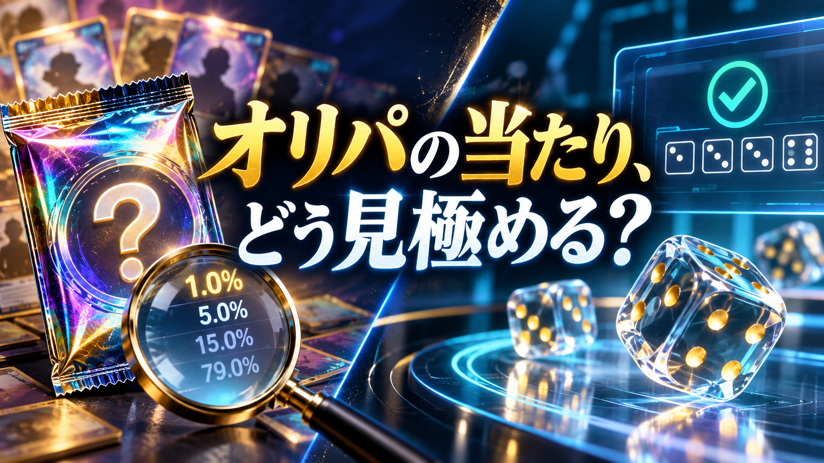 オリパの当たり表示を調べるカードの袋と、透明なサイコロゲームのイメージ